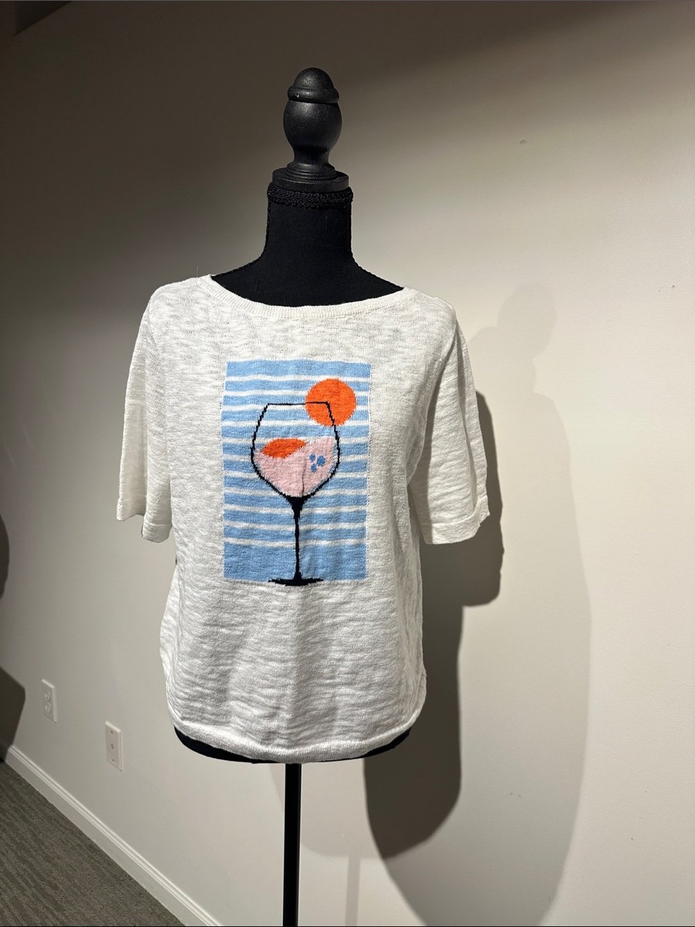 Talbots White Short-Sleeve Graphic Knit Top with Blue Stripe and Aperol spritz